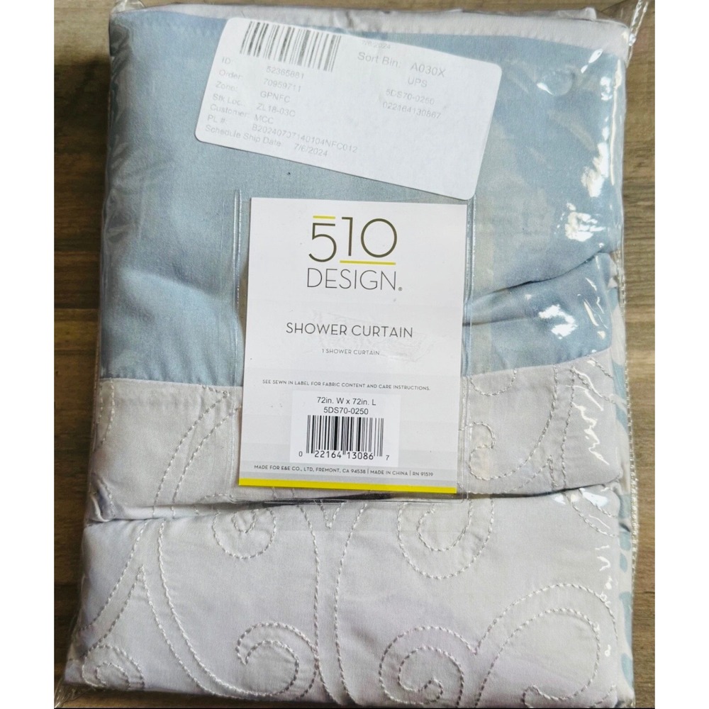 510 Design Blue Grey Damask Embroidered Shower Curtain 72x72 Added Lining